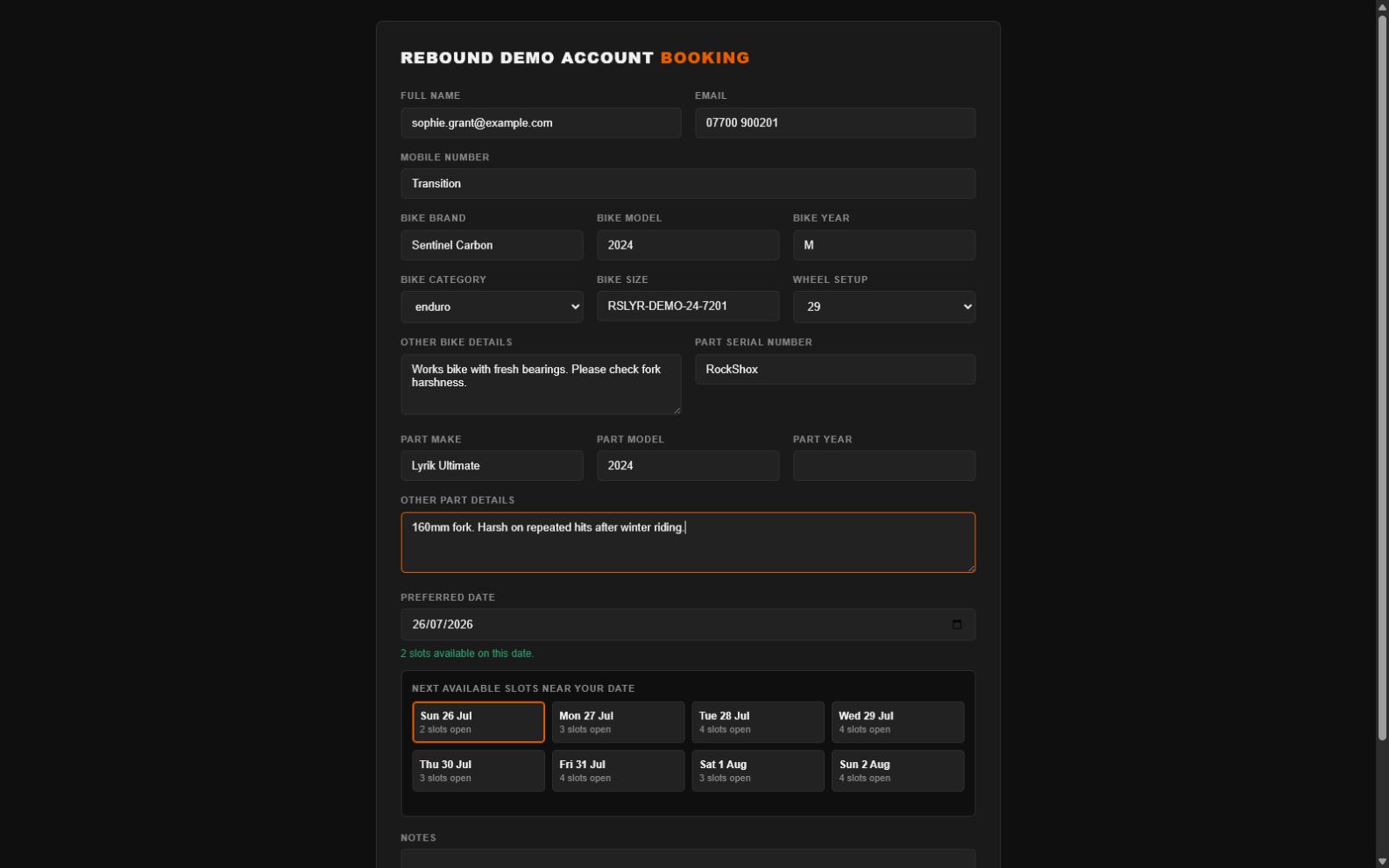 Rebound public booking widget filled with fake customer and component details