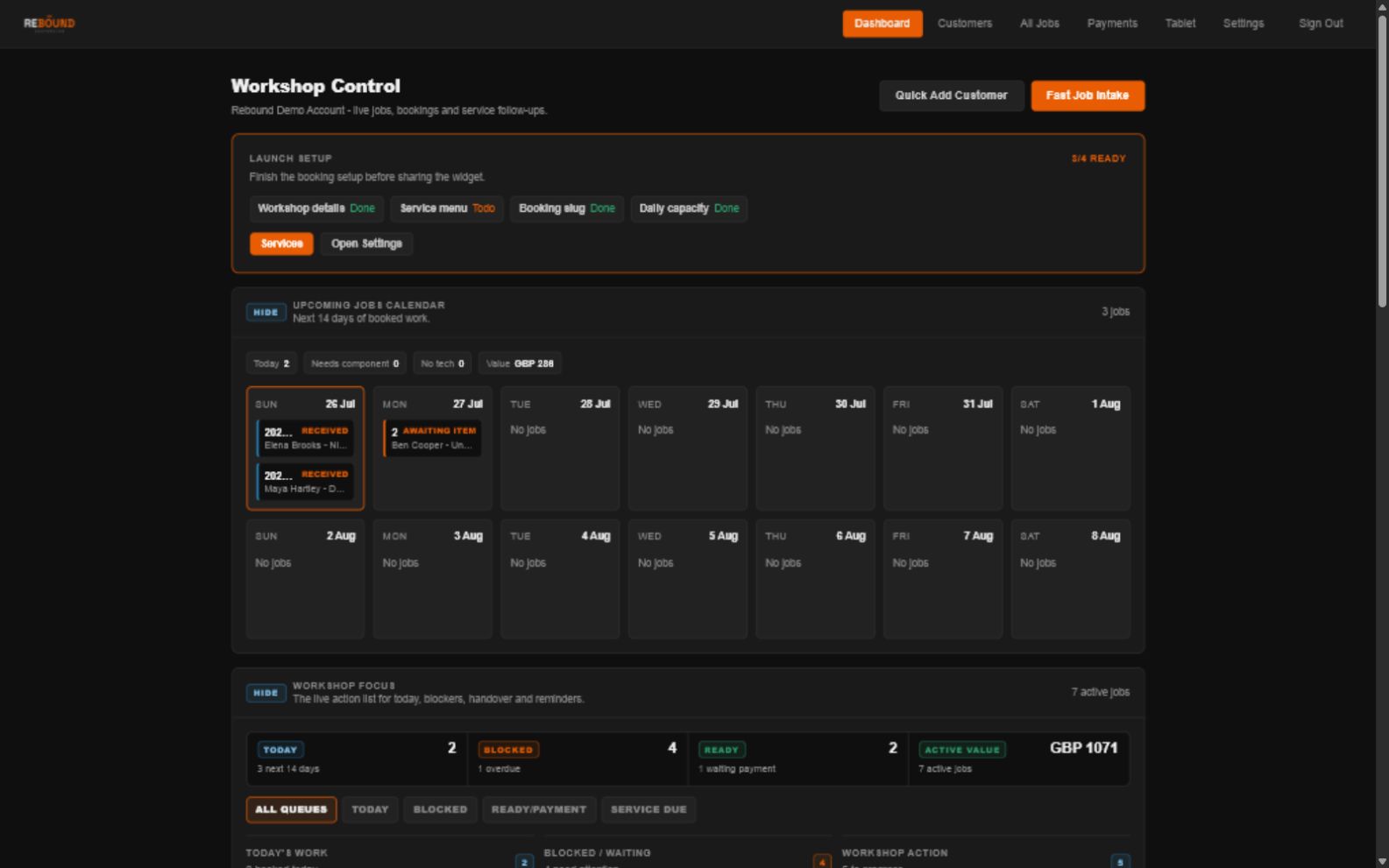 Rebound workshop control dashboard showing upcoming jobs, blocked work and booking requests