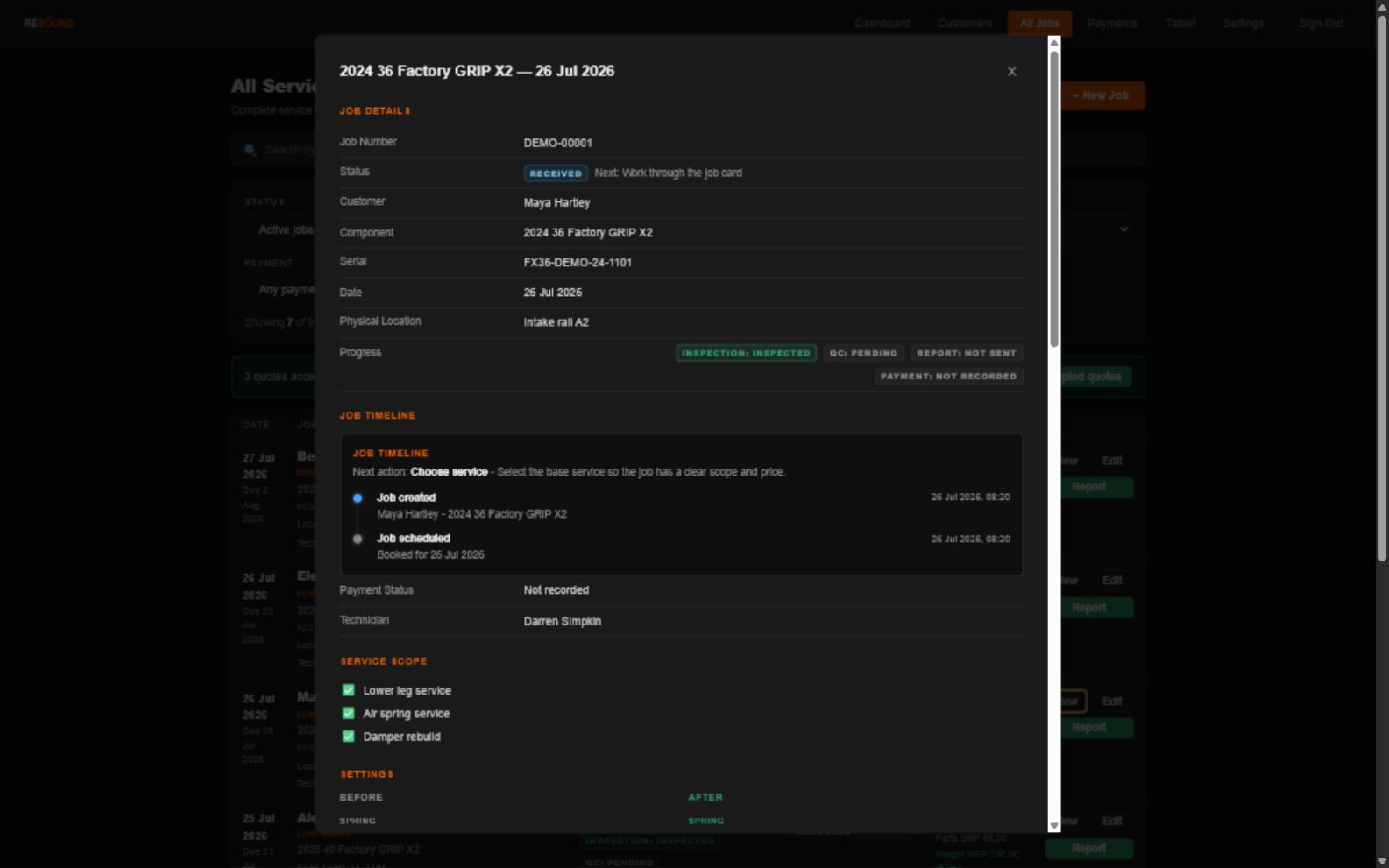 Rebound service job detail showing job timeline, service scope and setup fields