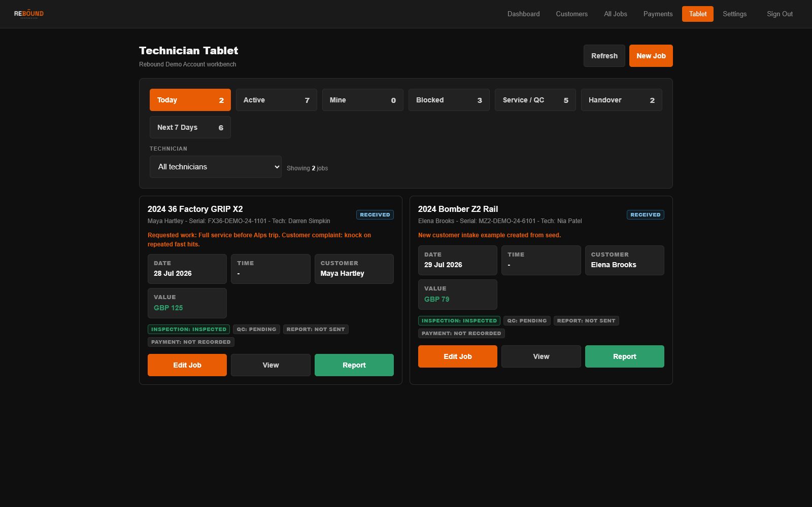 Rebound technician tablet mode showing active jobs for the bench
